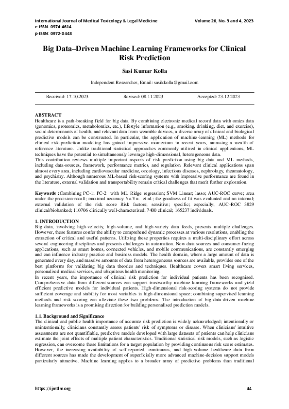 (PDF) Big Data-Driven Machine Learning Frameworks for Clinical Risk ...