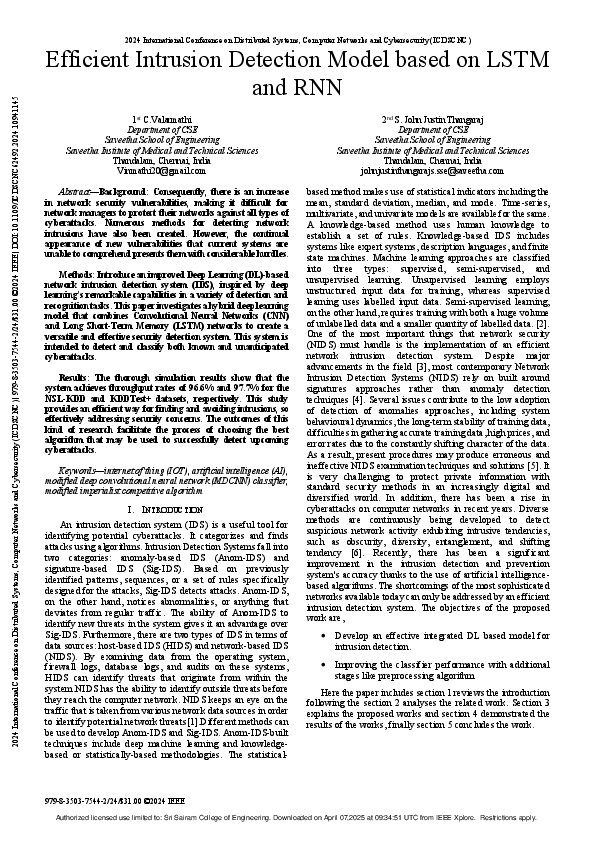 (PDF) Efficient Intrusion Detection Model based on LSTM and RNN