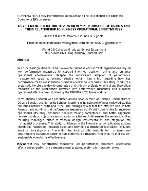 (PDF) A SYSTEMATIC LITERATURE REVIEW ON KEY PERFORMANCE MEASURES AND ...