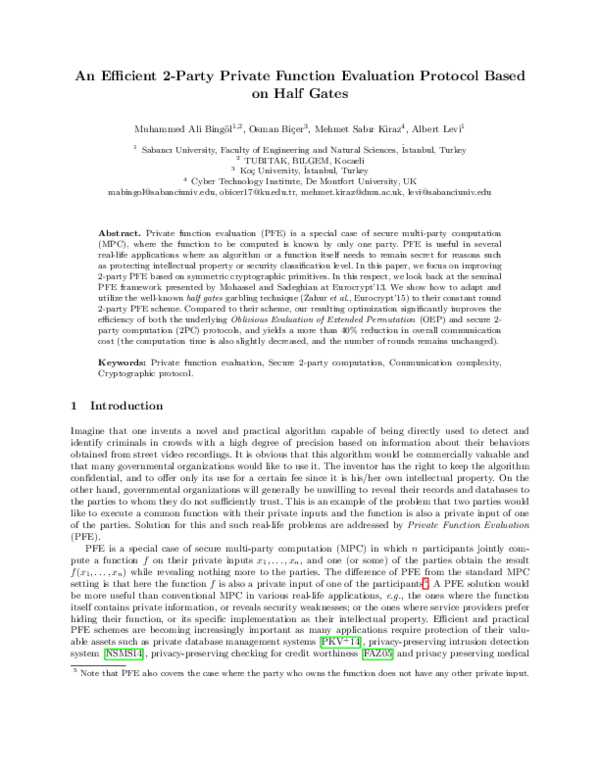 (PDF) An Efficient 2-Party Private Function Evaluation Protocol Based ...