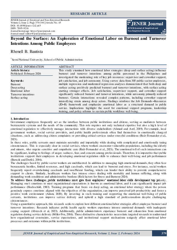 (PDF) Beyond the Surface: An Exploration of Emotional Labor on Burnout ...