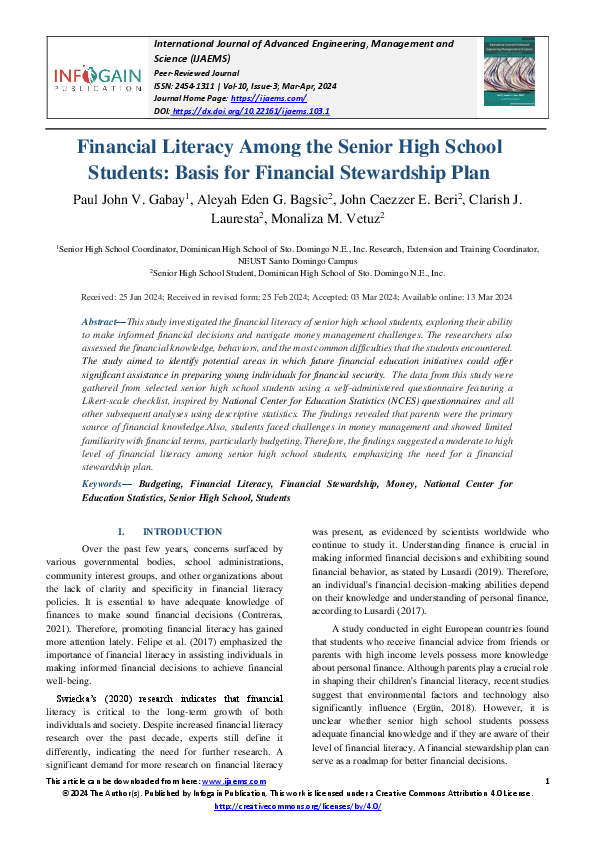 (PDF) Financial Literacy Among the Senior High School Students: Basis ...