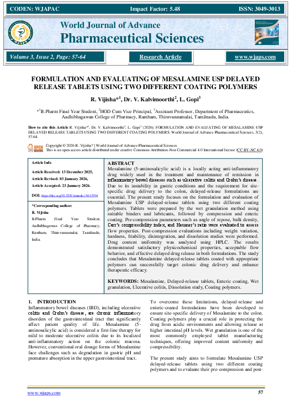 (PDF) FORMULATION AND EVALUATING OF MESALAMINE USP DELAYED RELEASE ...