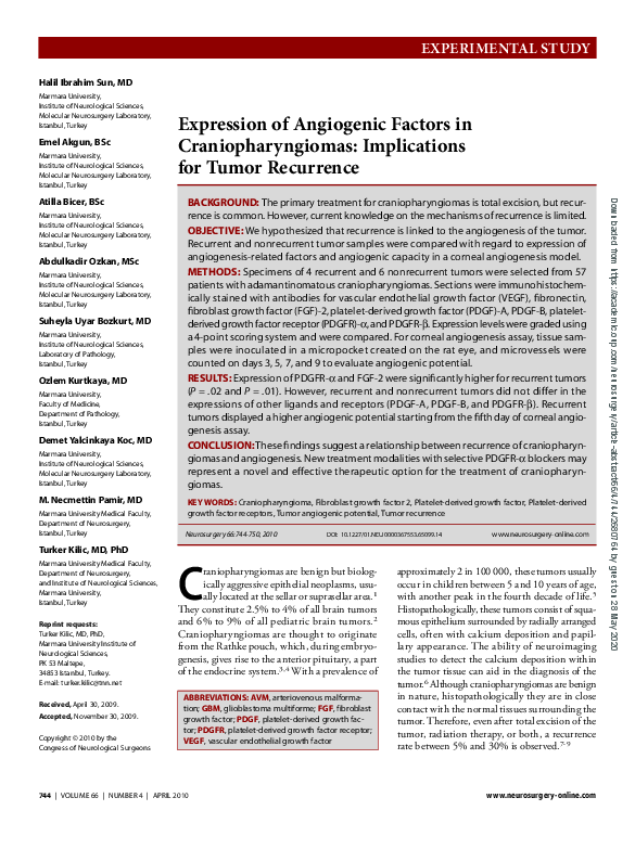 (PDF) Expression of Angiogenic Factors in Craniopharyngiomas