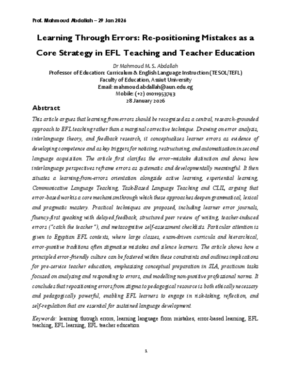 (PDF) Learning Through Errors: Re-positioning Mistakes as a Core ...