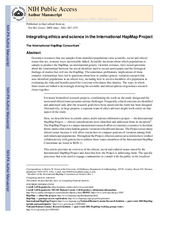 (PDF) Integrating ethics and science in the International HapMap Project