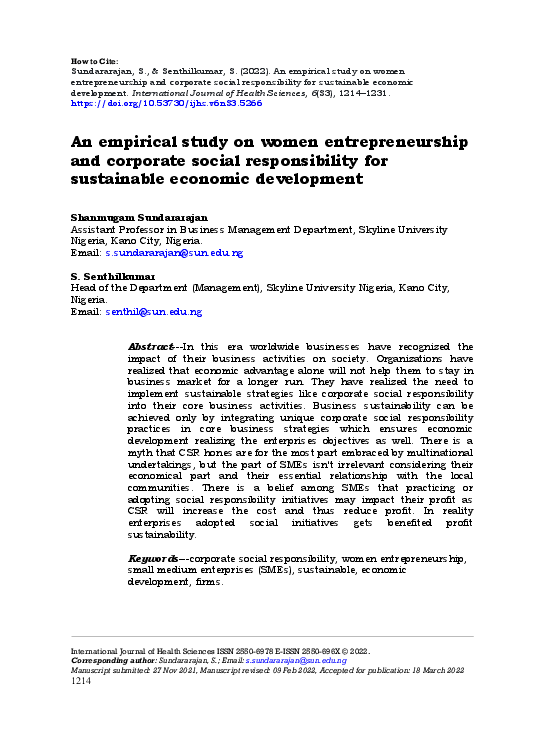 (PDF) An empirical study on women entrepreneurship and corporate social ...