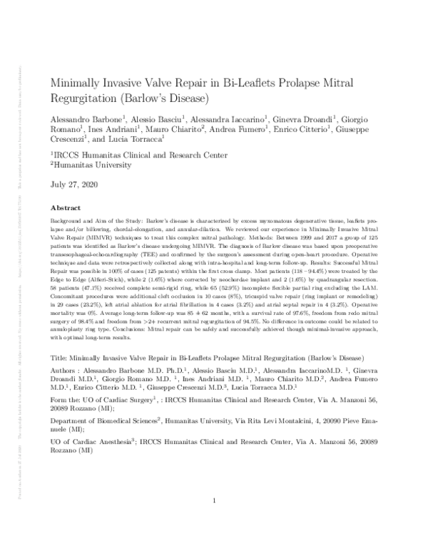 (PDF) Minimally Invasive Valve Repair in Bi-Leaflets Prolapse Mitral ...