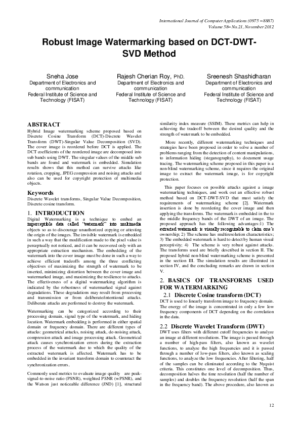 (PDF) Robust Image Watermarking based on DCT-DWT-SVD Method