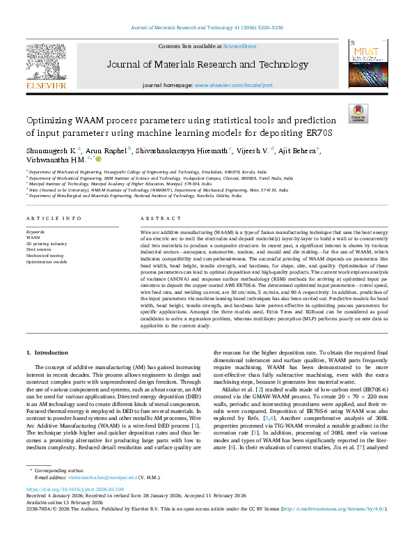 (PDF) Optimizing WAAM process parameters using statistical tools and ...