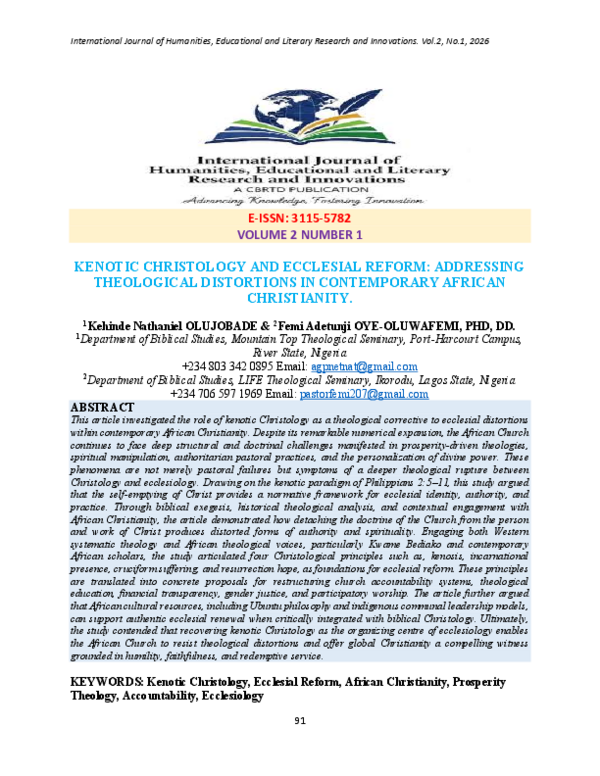 (PDF) KENOTIC CHRISTOLOGY AND ECCLESIAL REFORM: ADDRESSING THEOLOGICAL ...