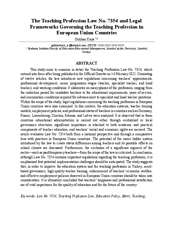 (PDF) The Teaching Profession Law No. 7354 and Legal Frameworks ...