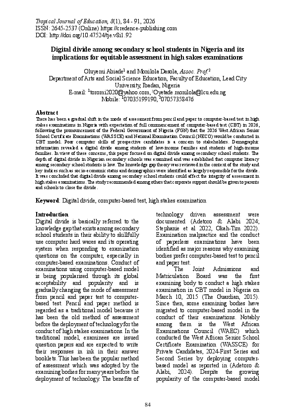 (PDF) Digital Divide among Secondary School Students in Nigeria and its ...