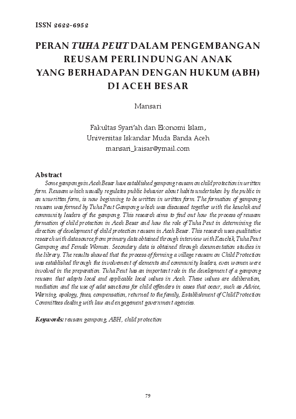 (PDF) Peran Tuha Peut Dalam Pengembangan Reusam Perlindungan Anak Yang ...