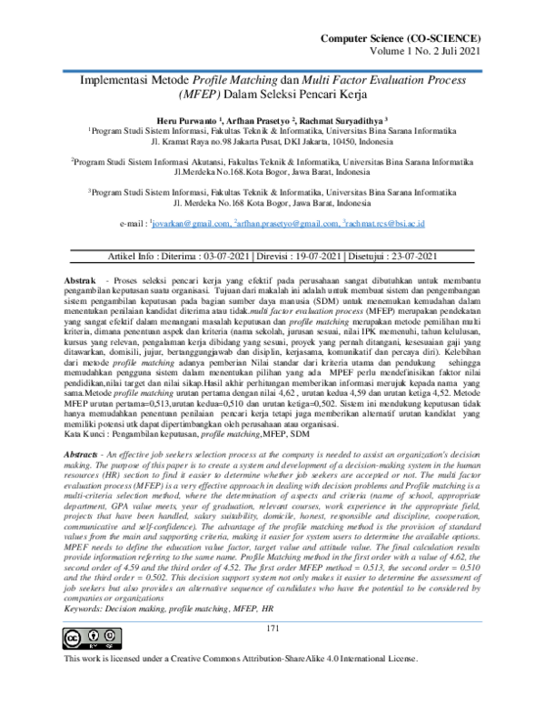 (PDF) Implementasi Metode Profile Matching dan Multi Factor Evaluation ...