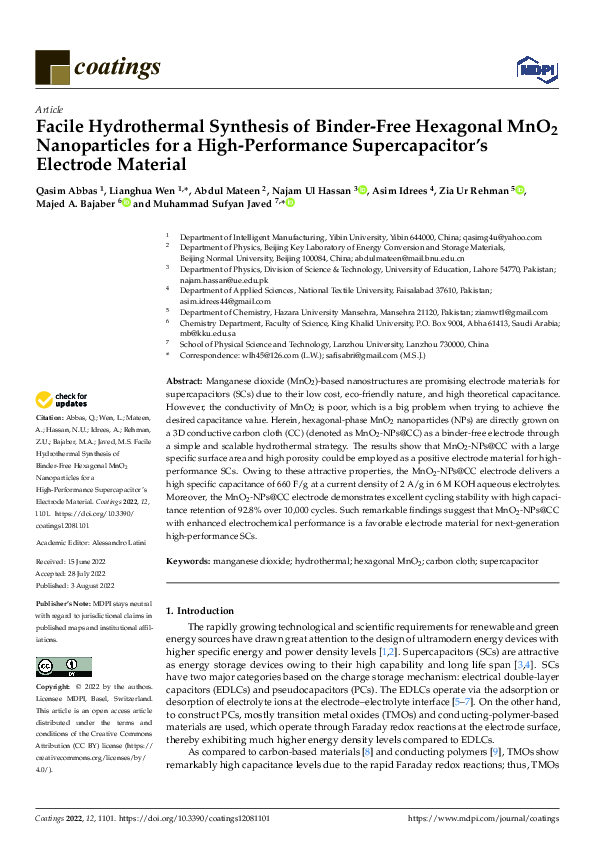 (PDF) Facile Hydrothermal Synthesis of Binder-Free Hexagonal MnO2 ...