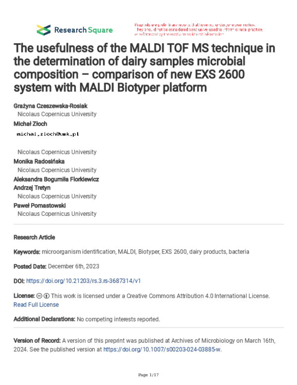 (PDF) The usefulness of the MALDI TOF MS technique in the determination ...