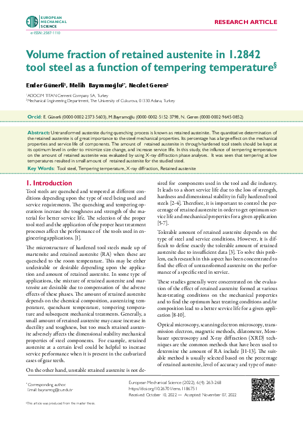 (PDF) Volume fraction of retained austenite in 1.2842 tool steel as a ...