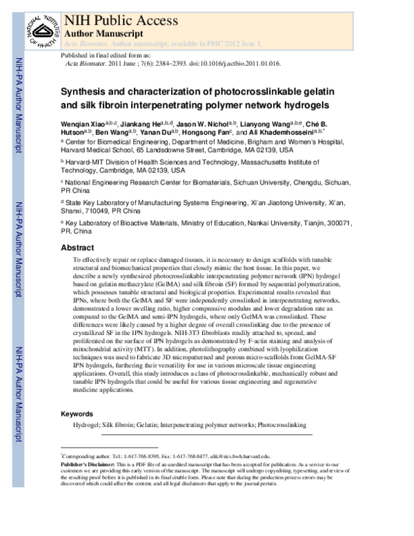 (PDF) Synthesis and characterization of photocrosslinkable gelatin and ...