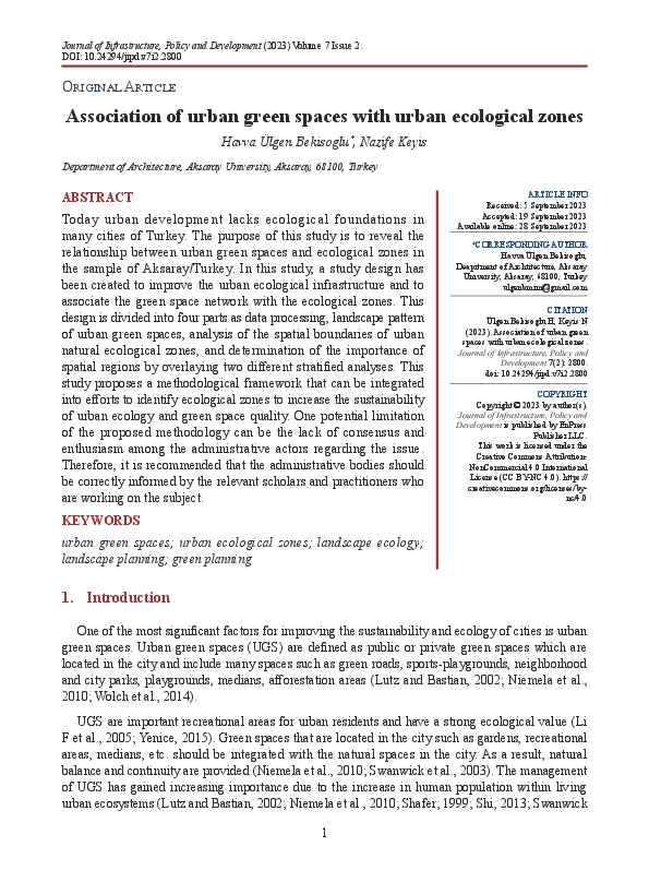 (PDF) Association of urban green spaces with urban ecological zones