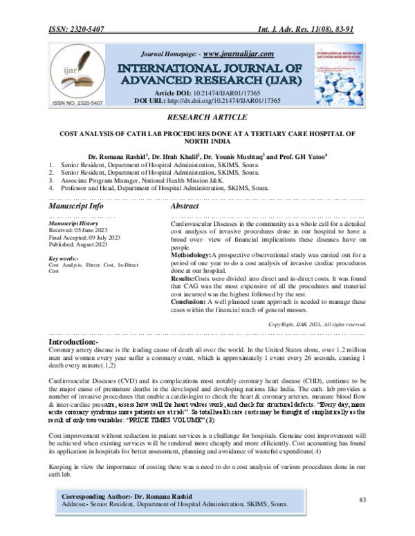 (PDF) Cost Analysis of Cath Lab Procedures Done at a Tertiary Care ...