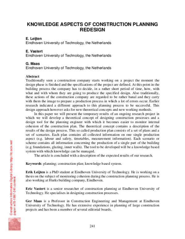 (PDF) Knowledge Aspects of Construction Planning Redesign