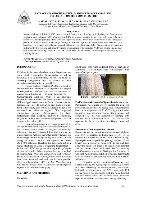 (PDF) EXTRACTION AND CHARACTERIZATION OF NANOCRYSTALLINE CELLULOSE ...