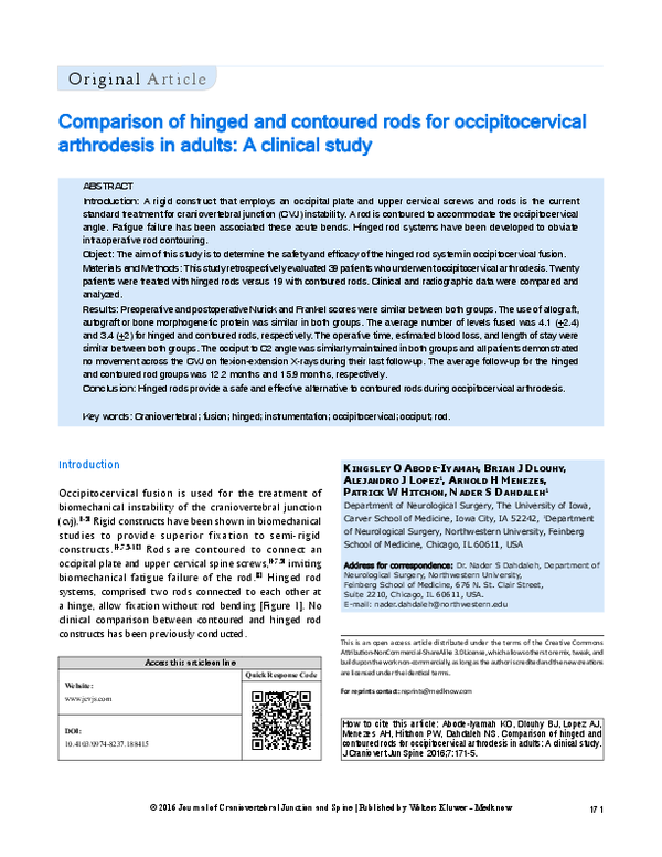 (PDF) Comparison of hinged and contoured rods for occipitocervical ...