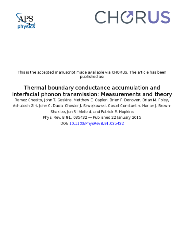 (PDF) Thermal boundary conductance accumulation and interfacial phonon ...