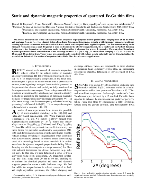 (PDF) Static and Dynamic Magnetic Properties of Sputtered Fe–Ga Thin Films