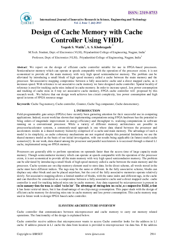 (PDF) Design of Cache Memory with Cache Controller Using VHDL