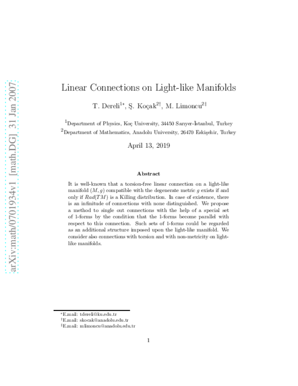 (PDF) Linear Connections on Light-like Manifolds