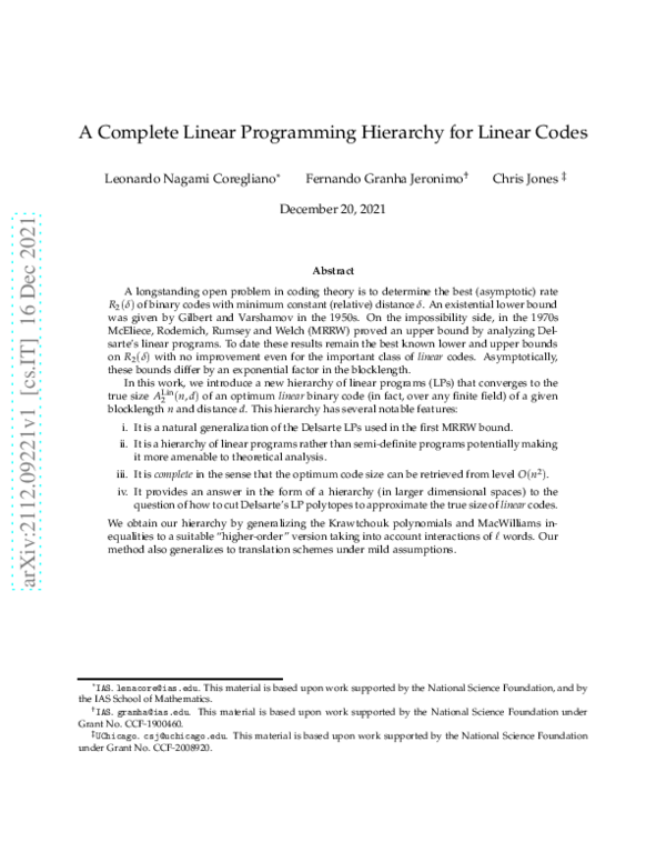 (PDF) A Complete Linear Programming Hierarchy for Linear Codes