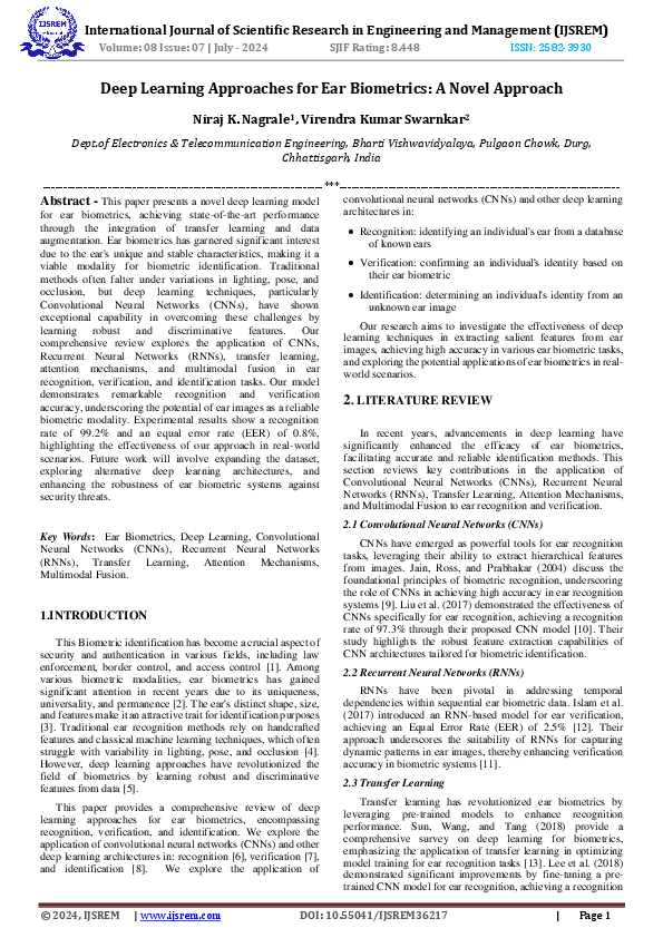 (PDF) Deep Learning Approaches for Ear Biometrics: A Novel Approach