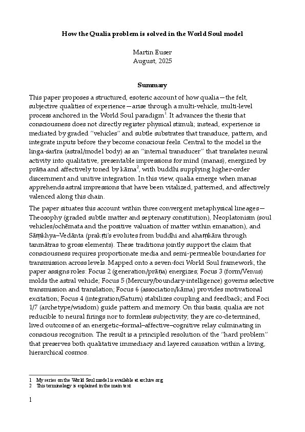 (PDF) How the Qualia problem is solved in the World Soul model