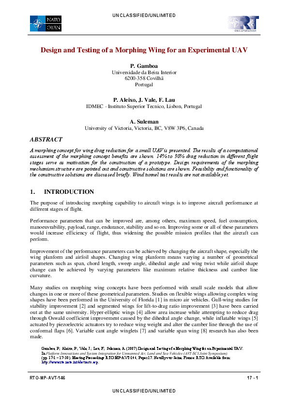 (PDF) Design and Testing of a Morphing Wing for an Experimental UAV