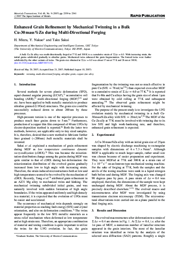(PDF) Enhanced Grain Refinement by Mechanical Twinning in a Bulk Cu-30 ...