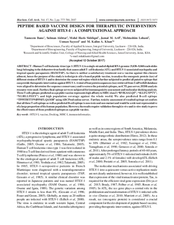 (PDF) PEPTIDE BASED VACCINE DESIGN FOR THERAPEUTIC INTERVENTION AGAINST ...