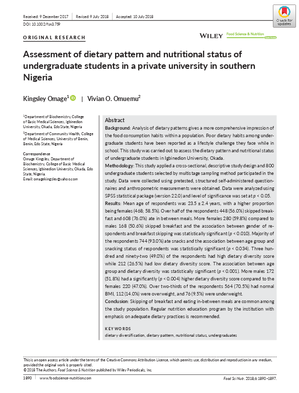 (PDF) Assessment of dietary pattern and nutritional status of ...