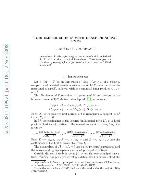 (PDF) Tori Embedded in R3 with Dense Principal Lines