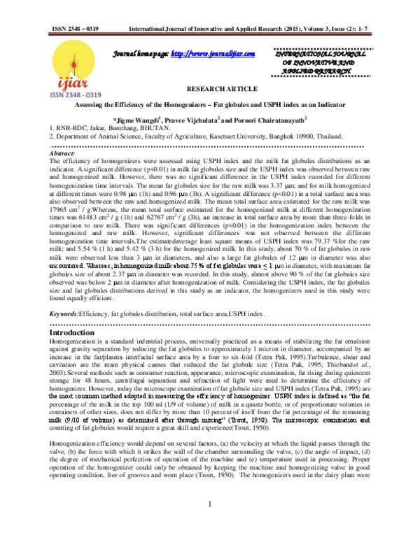 (PDF) Assessing the Efficiency of the Homogenizers - Fat globules and ...