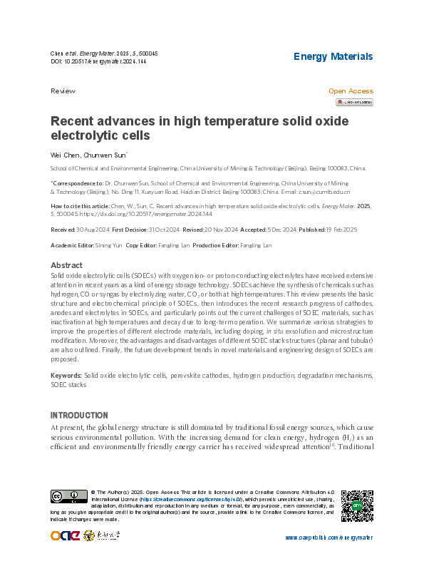 (PDF) Recent advances in high temperature solid oxide electrolytic cells