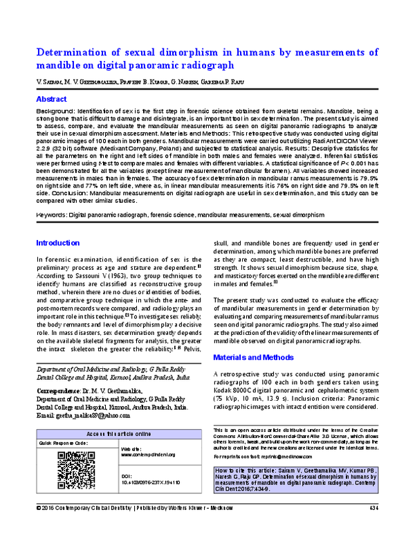 (PDF) Determination of sexual dimorphism in humans by measurements of ...