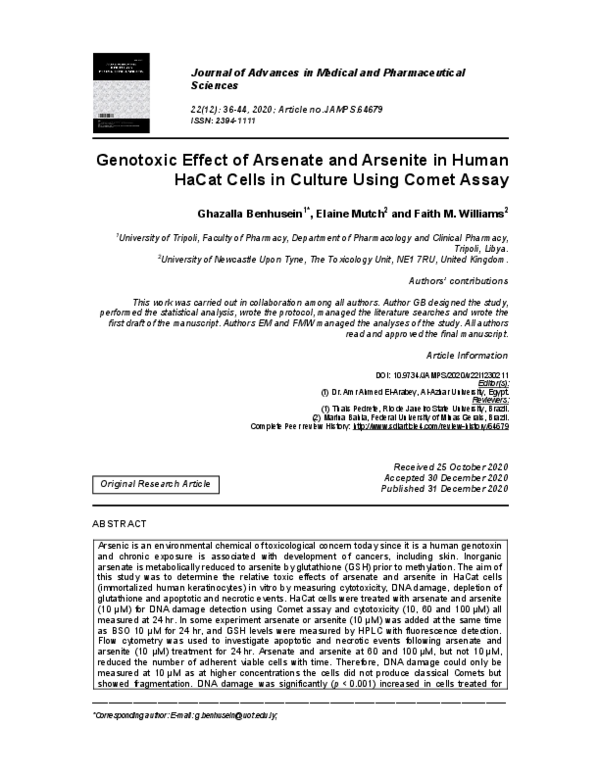 (PDF) Genotoxic Effect of Arsenate and Arsenite in Human HaCat Cells in ...