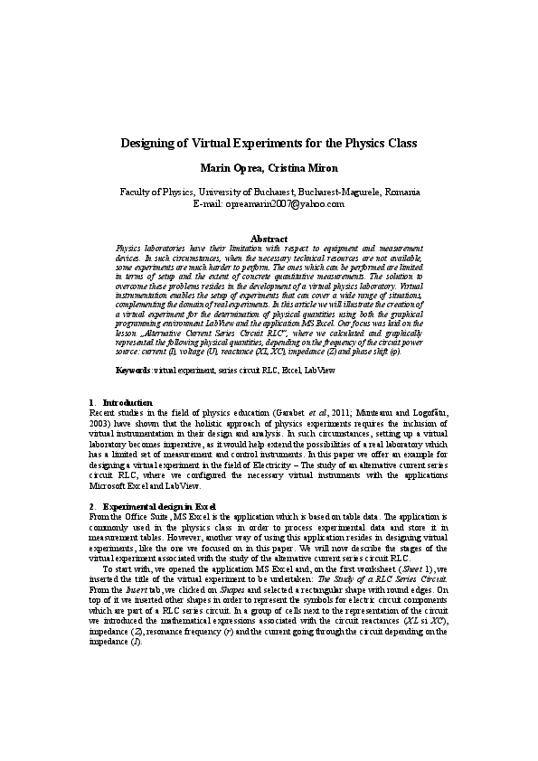 (PDF) Designing of Virtual Experiments for the Physics Class