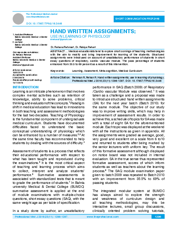 (PDF) Hand Written Assignments; Use in Learning of Physiology