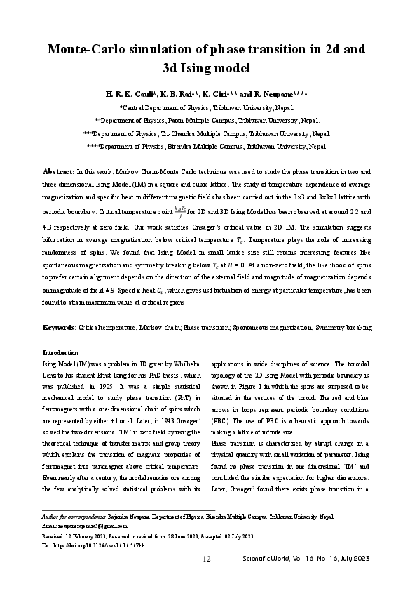 (PDF) Monte-Carlo simulation of phase transition in 2D and 3D ising model