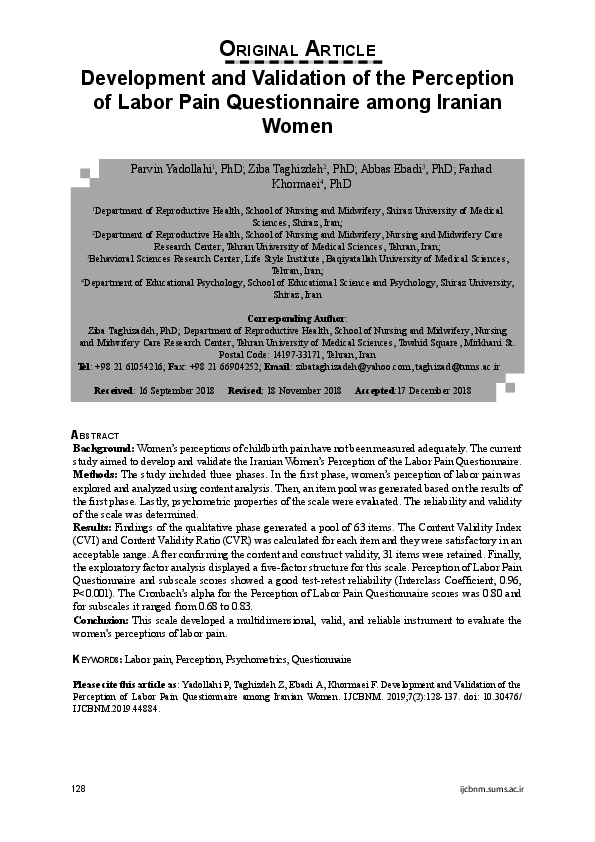 (PDF) Development and Validation of the Perception of Labor Pain ...