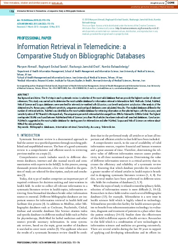 (PDF) Information Retrieval in Telemedicine: a Comparative Study on ...