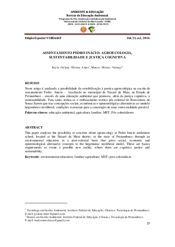 (PDF) Assentamento Pedro Inácio: agroecologia, sustentabilidade e ...